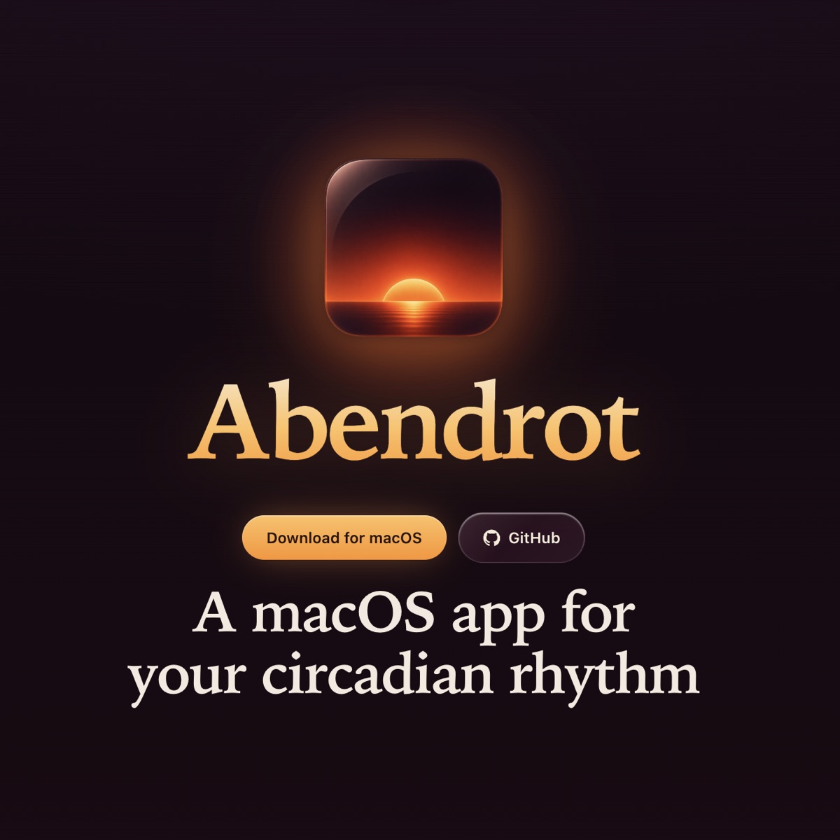 Abendrot macOS app landing page with sunset app icon, download buttons, and circadian rhythm headline