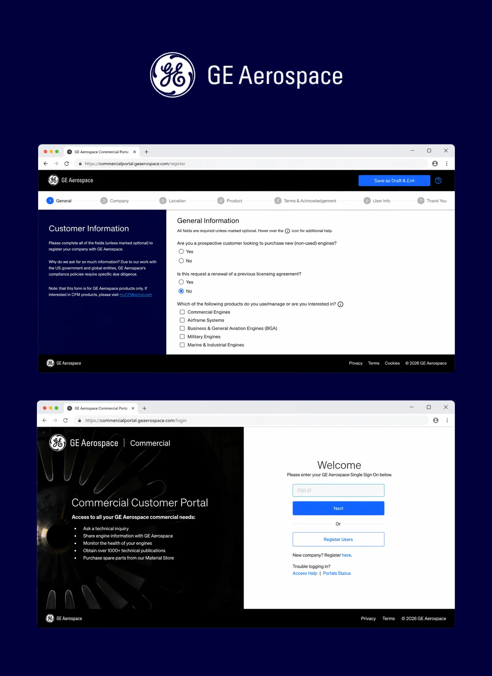 GE Aerospace commercial customer portal sign-in and onboarding screens