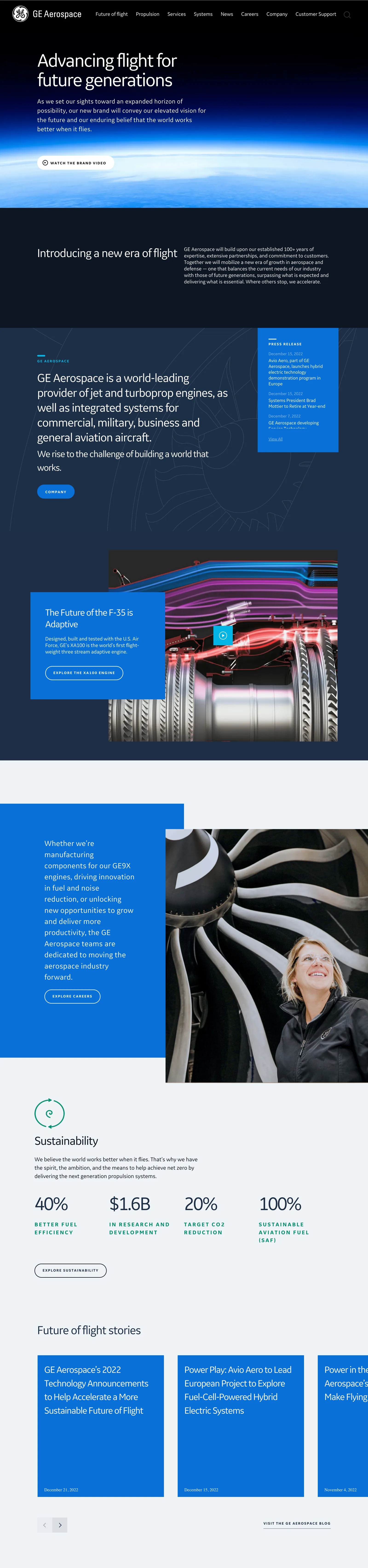 GE Aerospace (geaviation.com) website redesign — full homepage